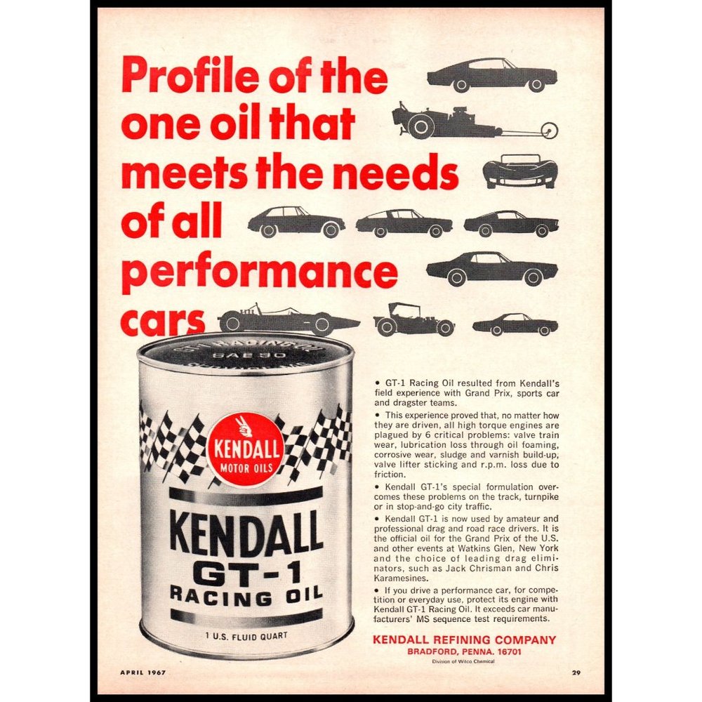 1967 Kendall GT-1 Racing Motor Oil Vintage Print Ad Performance Cars Wall Art